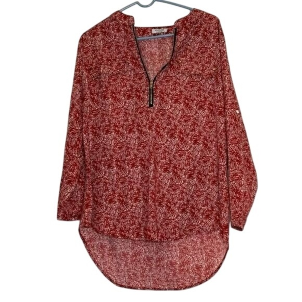 ANGVNS Blouse Top Hi-Low Hem 3/4 Sleeve Red Fern‎ Leafy Print Casual XL